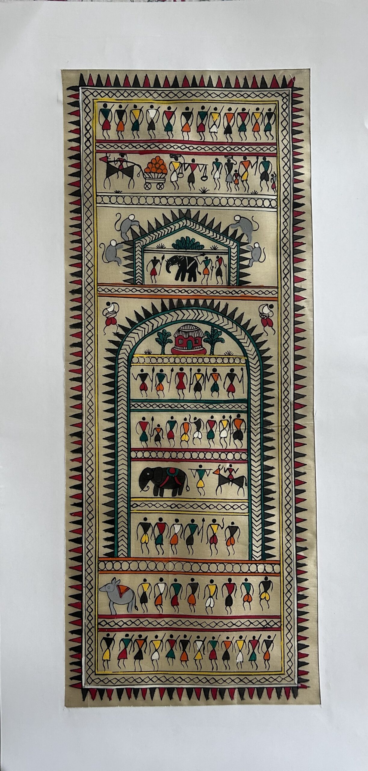 Warli #1 - Pattachitra Art - Tussore Silk Painting - 6*16 inch - In Silk Cloth - Unframed