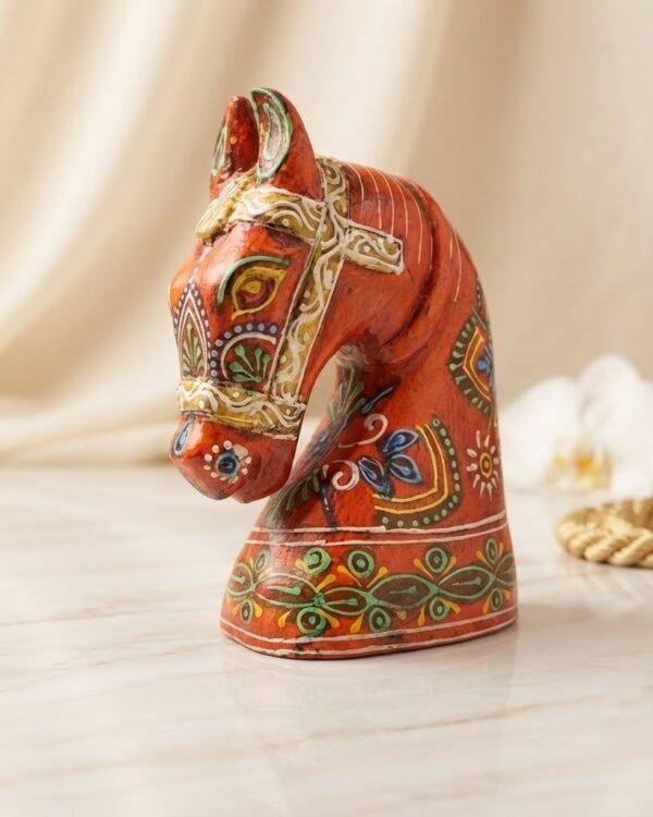 Hand-Painted Wooden Horse Face – Orange | Table Décor from Jodhpur (6 inches height) - 1 piece