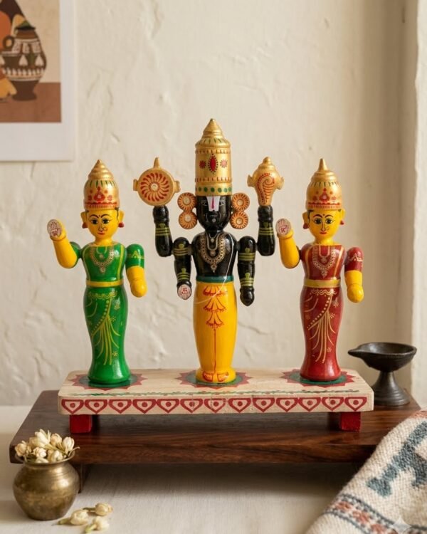 Chinnapatna Standing Balaji, Laxmiji and  Bhoo devi Idol - Wooden Figurine Set of 3 - 10 inch width & 10 inch height