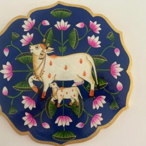 Handpainted Cow and Calf Pichwai - Royal Blue Wooden Wall Art Plate (10 Inch)