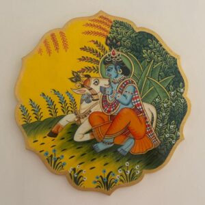 Handpainted Krishna with Cow - Wooden Wall Art Plate (10 Inch)
