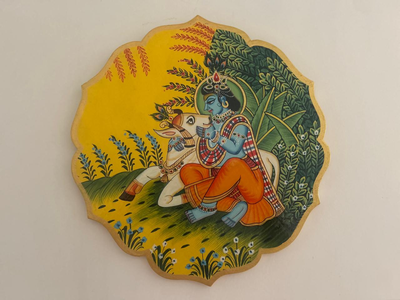 Handpainted Krishna with Cow - Wooden Wall Art Plate (10 Inch)