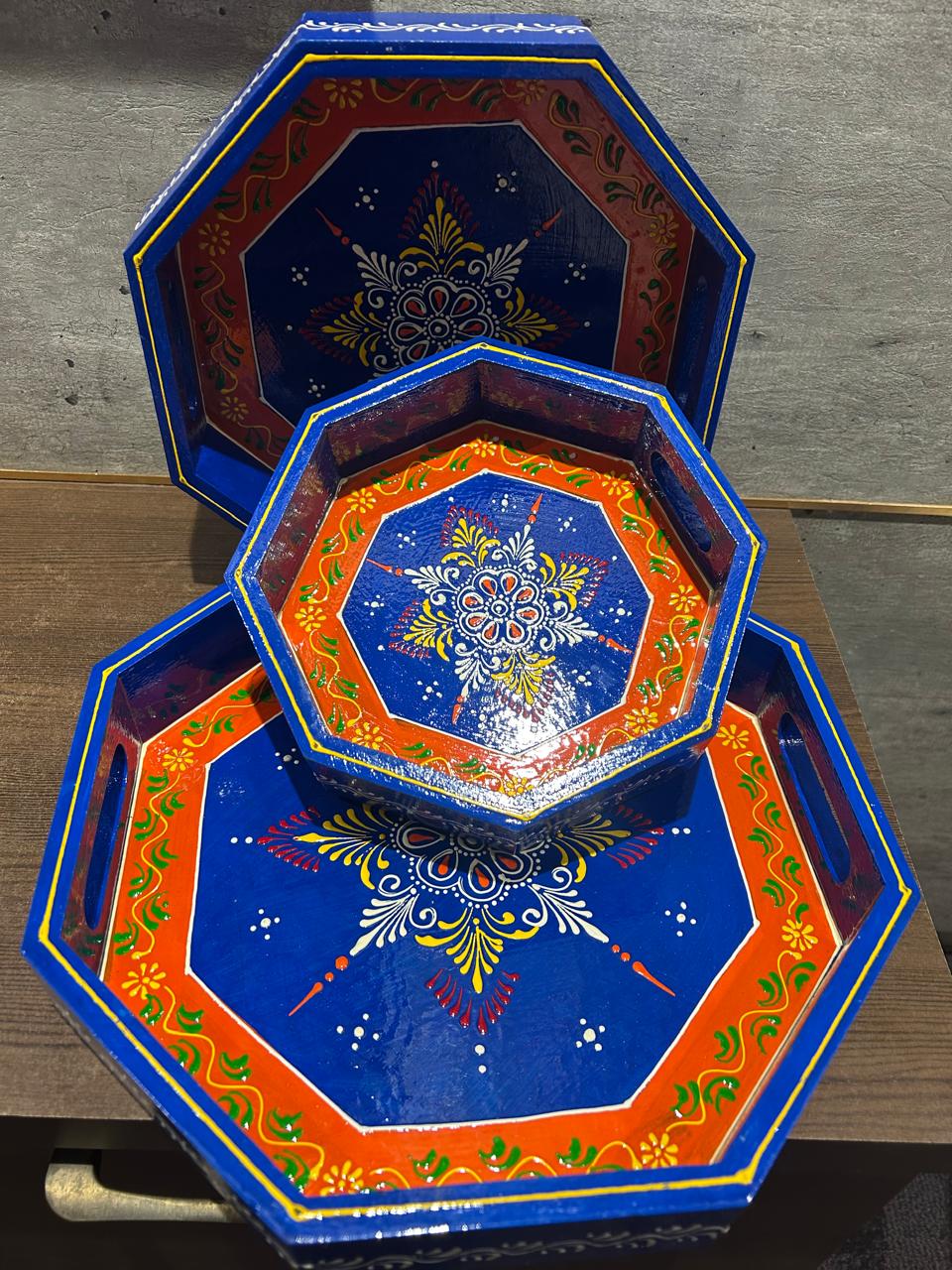 Handpainted Blue and Orange Wooden Octagonal Tray - set of 3 - Image 3