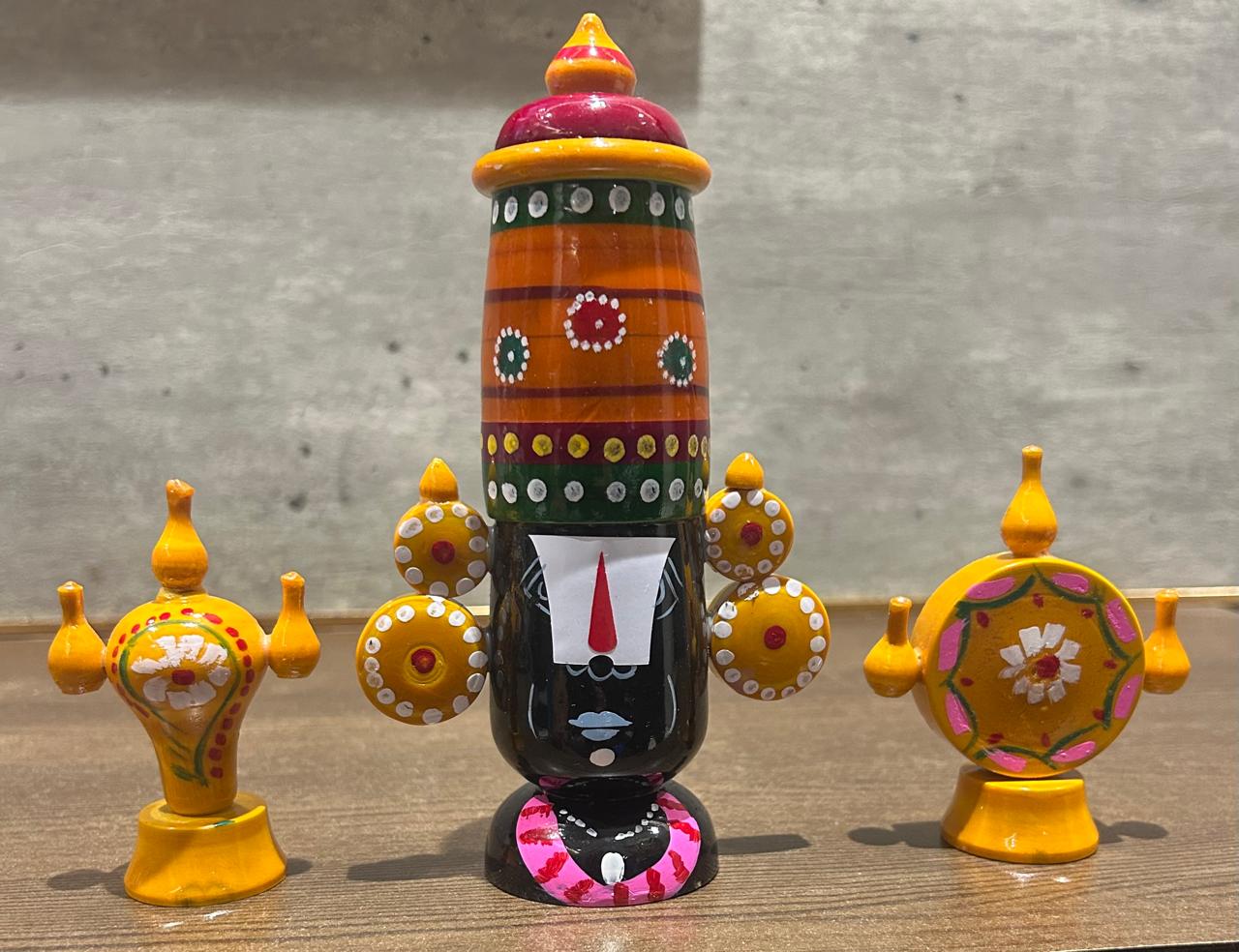 Channapatna Balaji Face Idol with Chakra and Shanka - Wooden Figurine Set of 3