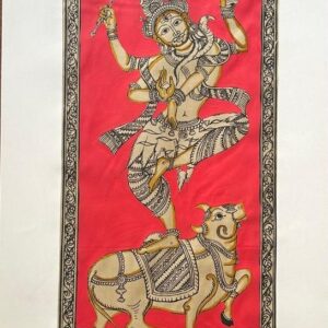 Shiv ji standing on Nandi Pattachitra Art - Tussore Silk Painting - 6*16 inch - In Silk Cloth - Unframed