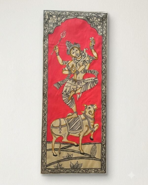 Shiv ji standing on Nandi Pattachitra Art - Tussore Silk Painting - 6*16 inch - In Silk Cloth - Unframed