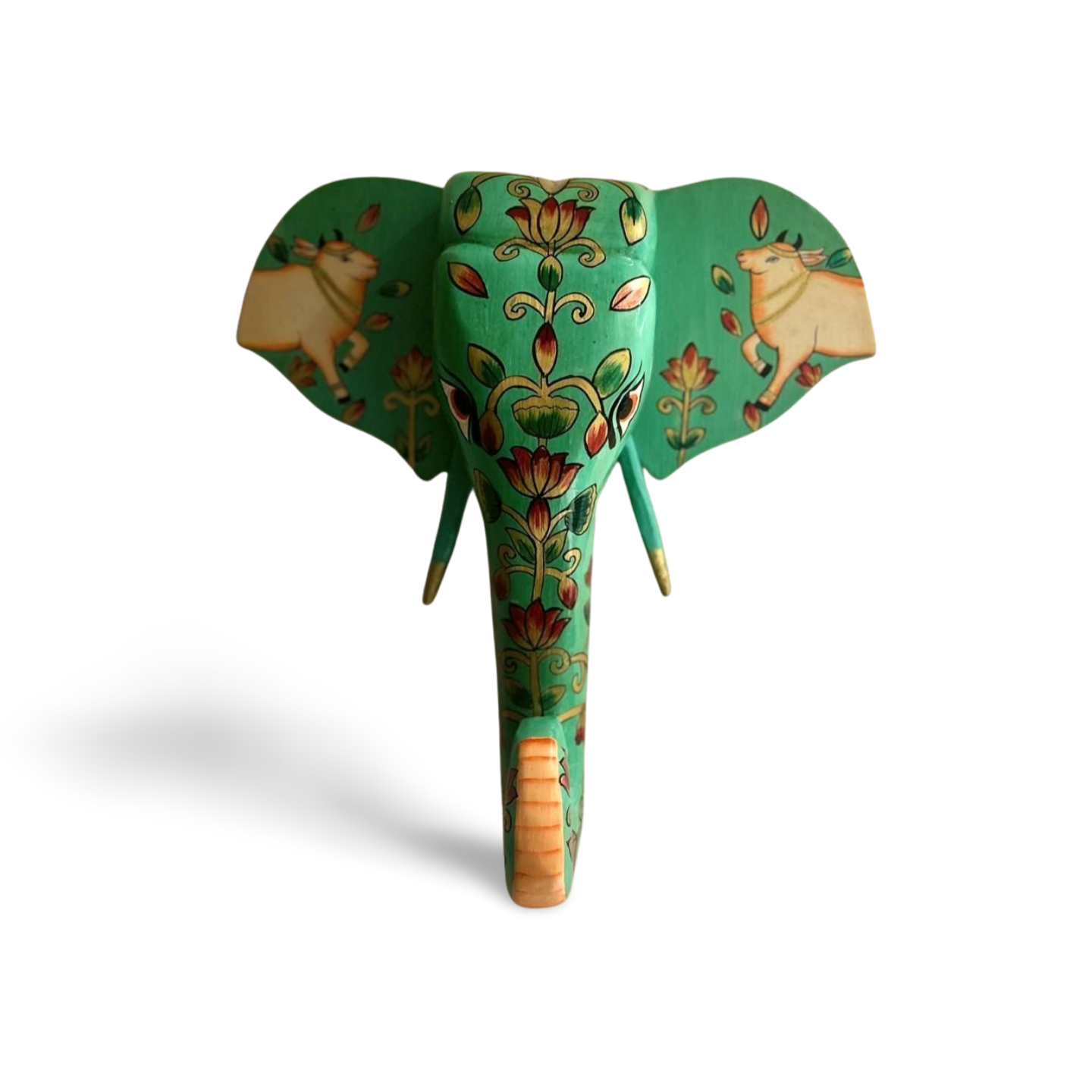 Handpainted Green Wooden Cow Pichwai in Elephant Face - Wall Art (15 inch)