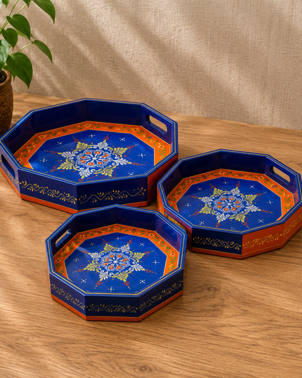 Handpainted Blue and Orange  Wooden Octagonal Tray - set of 3