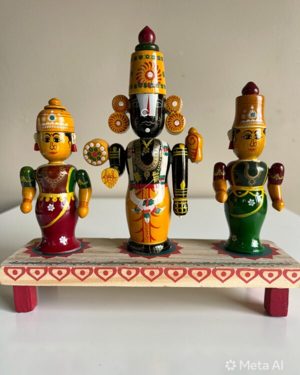 Chinnapatna Standing Balaji, Laxmiji and  Bhoo devi Idol - Wooden Figurine Set of 3