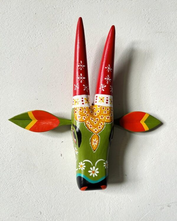 Handpainted Green and Red Wooden Cow Face - Wall Art (12 inch)