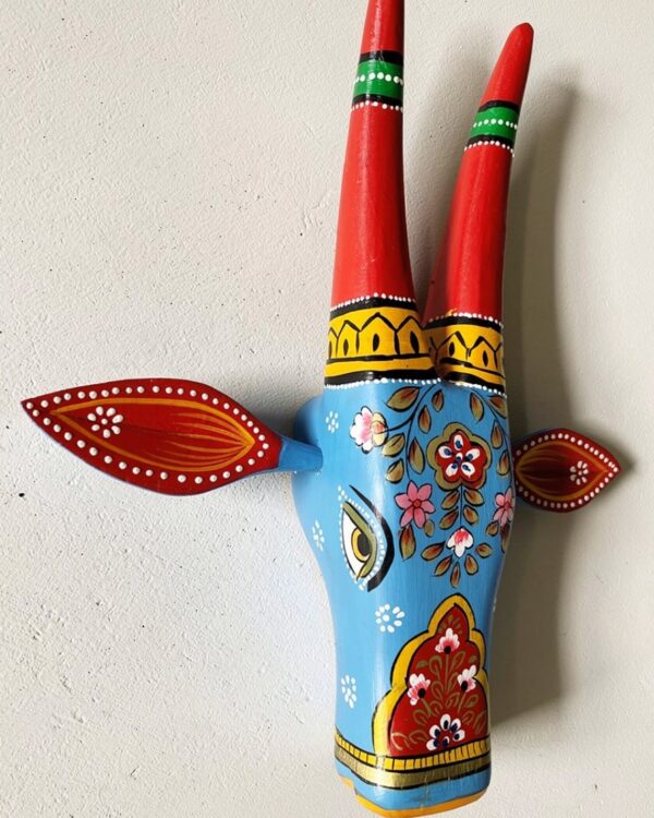 Handpainted Blue and Red Wooden Cow Face - Wall Art (12 inch)