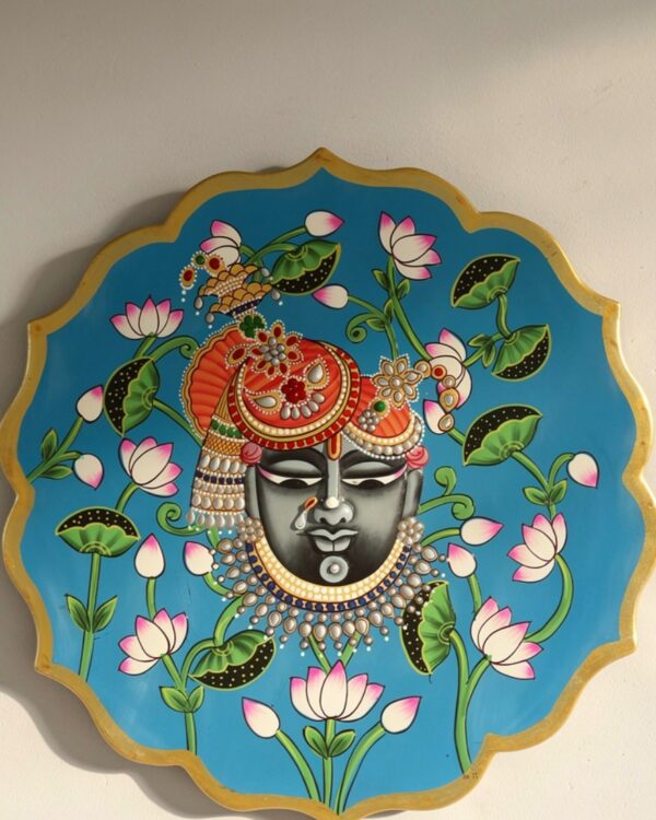 Handpainted Srinath Ji Face - Blue - Wooden Wall Art Plate (10 Inch)