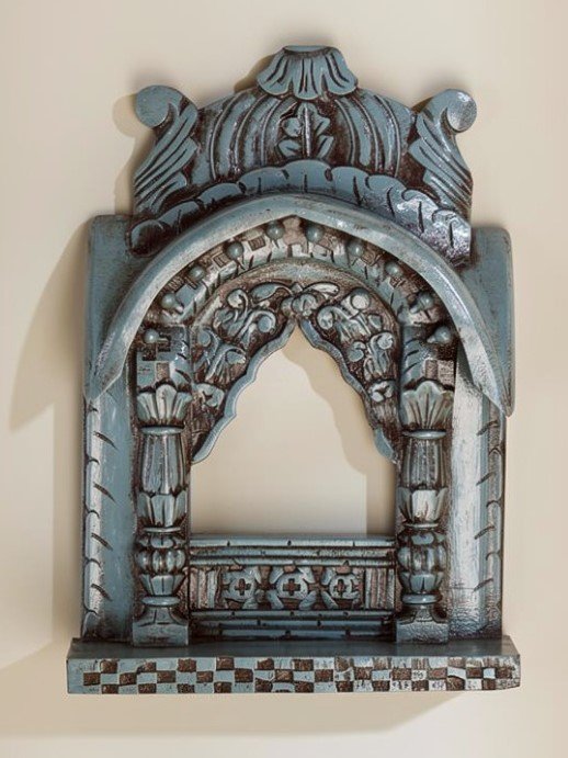 Handpainted Distress Blue - Carved Wooden Jharokha (27 Inch)