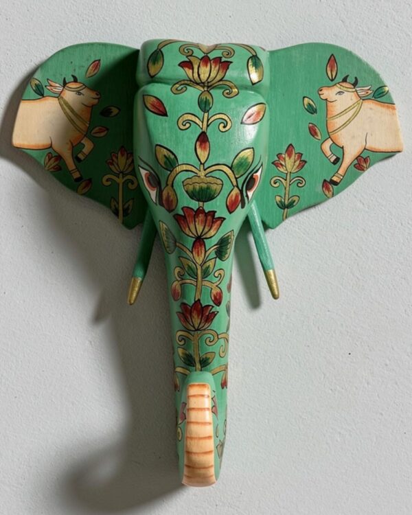 Handpainted Green Wooden Cow Pichwai in Elephant Face - Wall Art (15 inch)