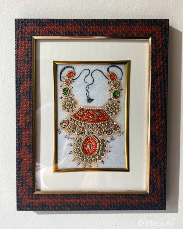 Hand Painted Jewellery Choker Design on Marble Plate - Decorative Painting with Frame