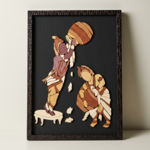 Krishna Balram Makhan Chor Wooden In-Lay Wall Decor (10"*14")