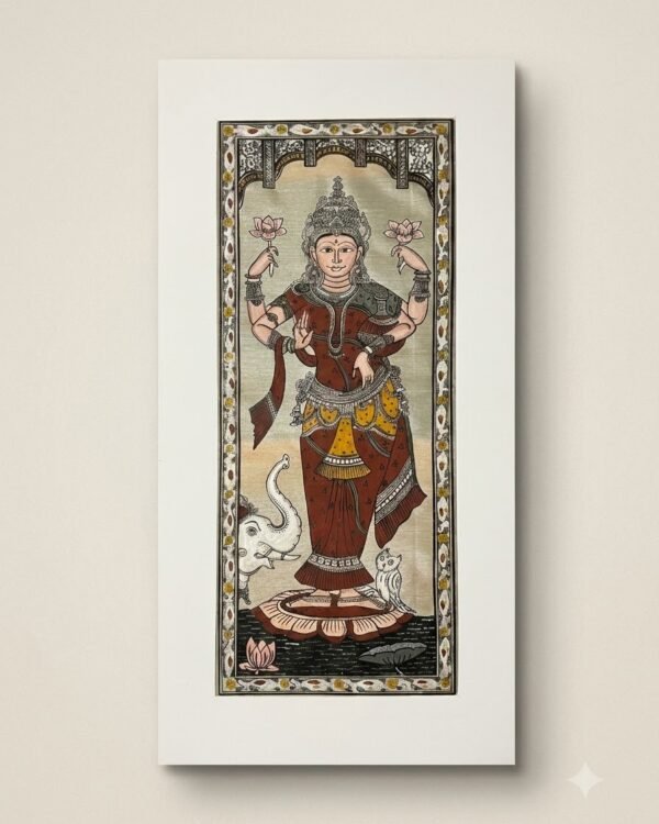 Maa Laxmi Pattachitra Art -Tussore Silk Painting - 6*16 inch - Unframed - In Silk Cloth only