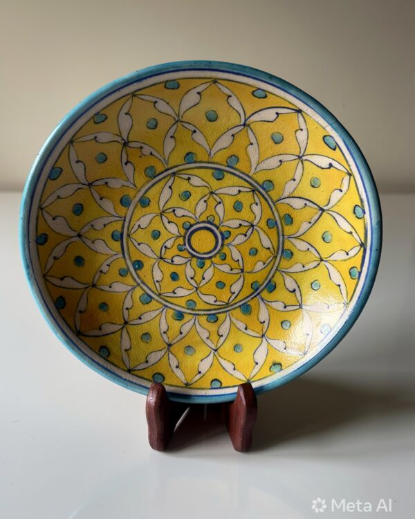 Handpainted Blue Pottery - Yellow and Blue colour decorative ceremic Plate with stand (8 Inch)