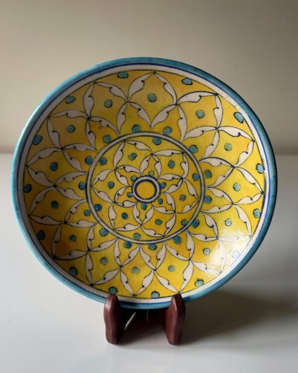 Handpainted Blue Pottery - Yellow and Blue colour decorative ceremic Plate with stand (8 Inch)