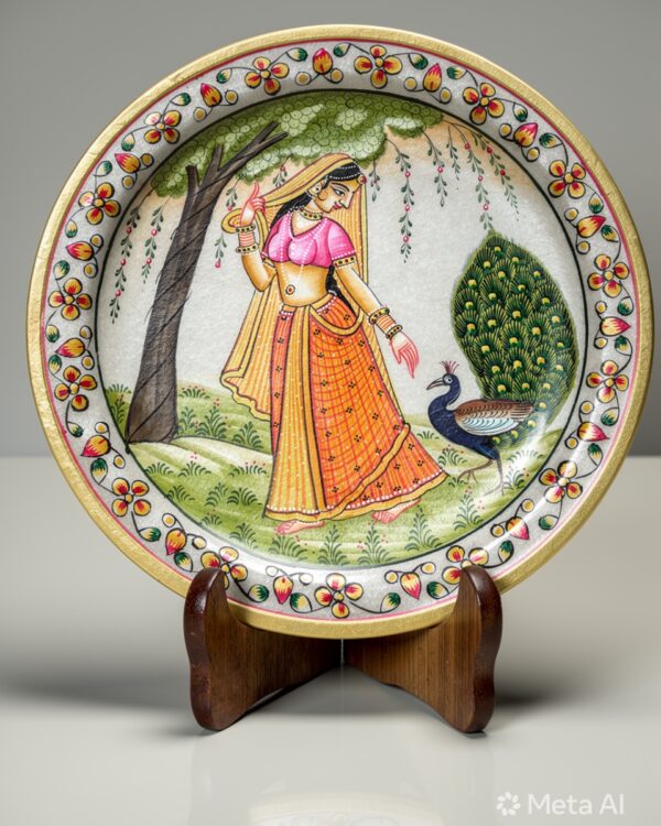 Handpainted Mughal Lady with Peacock Decorative Marble Plate with Wooden Stand - 9 Inch
