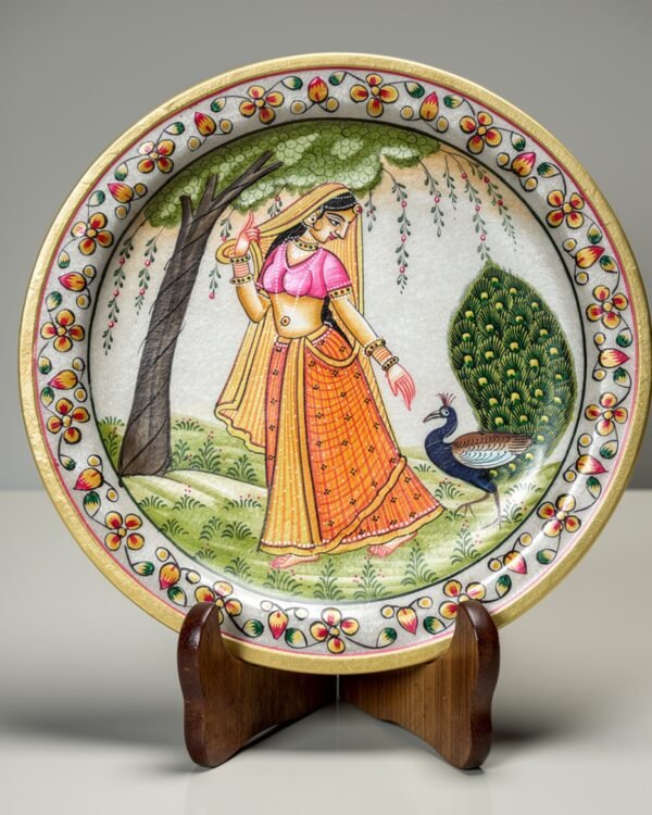 Handpainted Mughal Lady with Peacock Decorative Marble Plate with Wooden Stand - 9 Inch