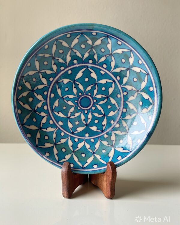 Handpainted Blue Pottery - Blue colour decorative ceremic Plate with stand (8 Inch)