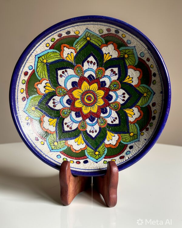 Handpainted Blue Pottery - multi colour decorative ceremic Plate with stand (8 Inch)