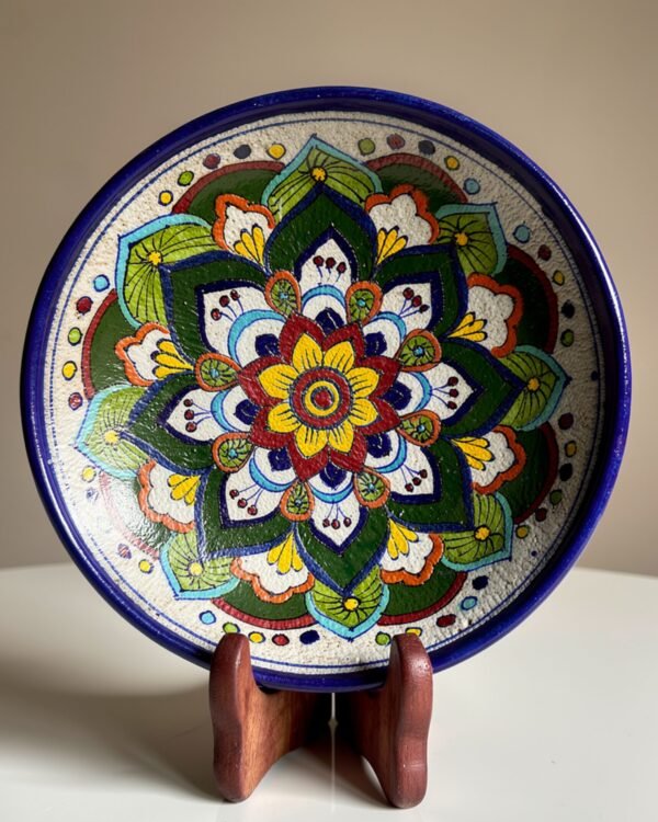 Handpainted Blue Pottery - multi colour decorative ceremic Plate with stand (8 Inch)