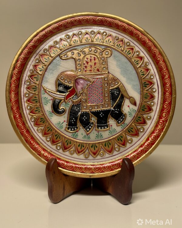 Handpainted Elephant Decorative Marble Plate with Wooden Stand ? 9 Inch
