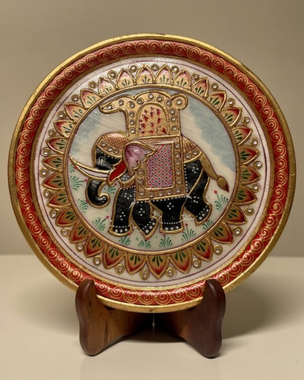 Handpainted Elephant Decorative Marble Plate with Wooden Stand ? 9 Inch