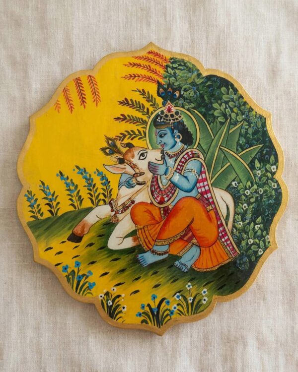 Handpainted Krishna with Cow - Wooden Wall Art Plate (10 Inch)