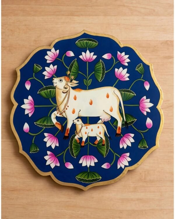 Handpainted Cow and Calf Pichwai - Royal Blue Wooden Wall Art Plate (10 Inch)