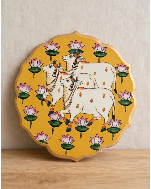 Handpainted Cow Pichwai - Yellow Wooden Wall Art Plate (10 Inch)