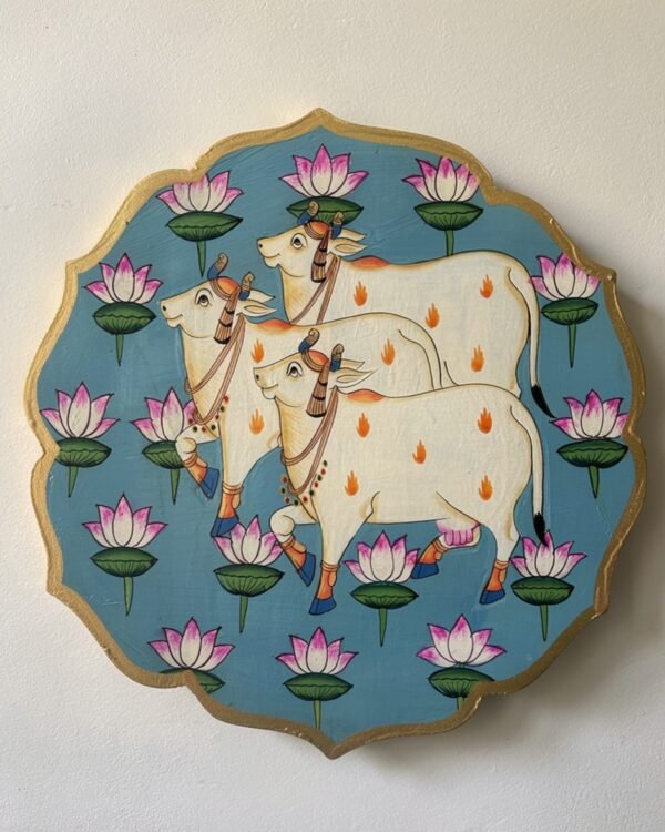 Handpainted Cow Pichwai - Blue Wall Art Plate (10 Inch)