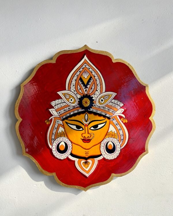 Handpainted Divine Druga Maa Face - Wooden Wall Art Plate (10 Inch)
