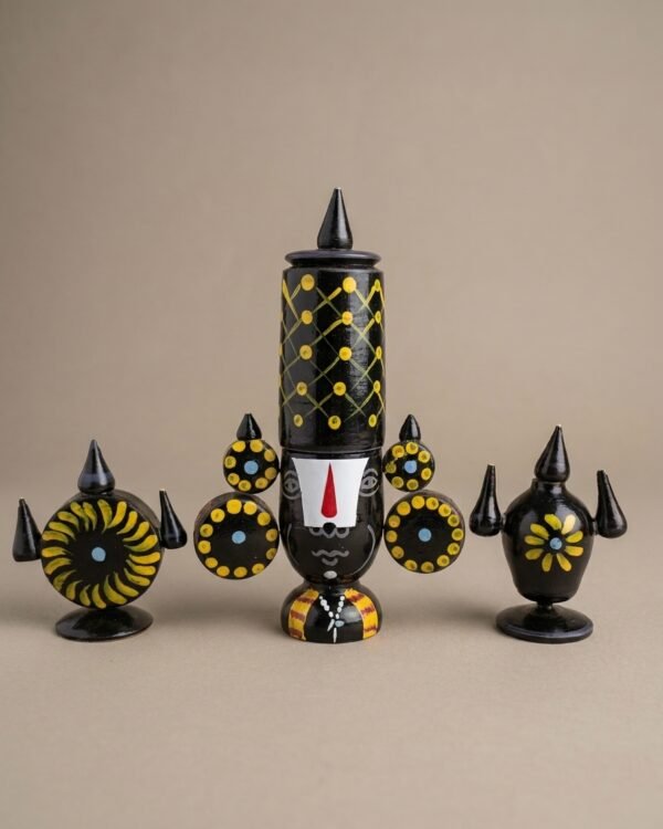 Channapatna Balaji Face Idol with Chakra and Shanka - Wooden Figurine Set of 3