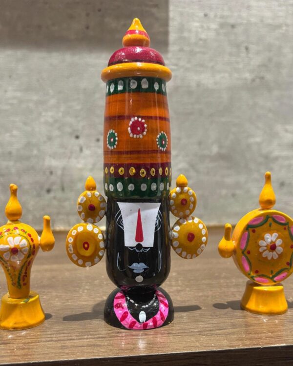 Channapatna Balaji Face Idol with Chakra and Shanka - Wooden Figurine Set of 3