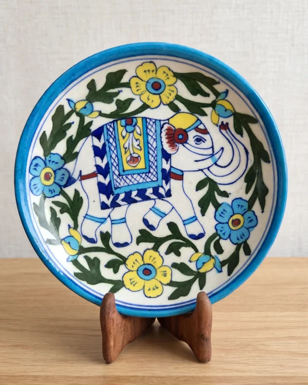 Handpainted Blue Pottery - Elephant in Yellow and Blue colour decorative ceremic Plate with stand (8 Inch)