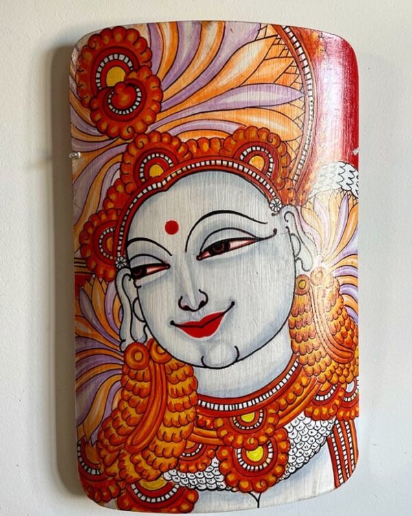 Kerela Mural Laxmi Maa Orange - Bamboo Hand Painted - Wall Decor - 7 Inch height