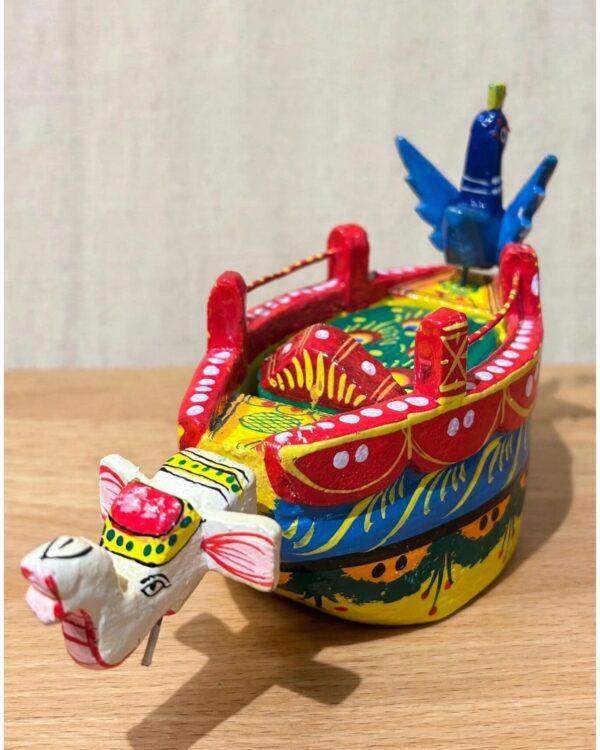 Multicolour Handcrafted Wooden Lacquered Boat with peacock and elephant
