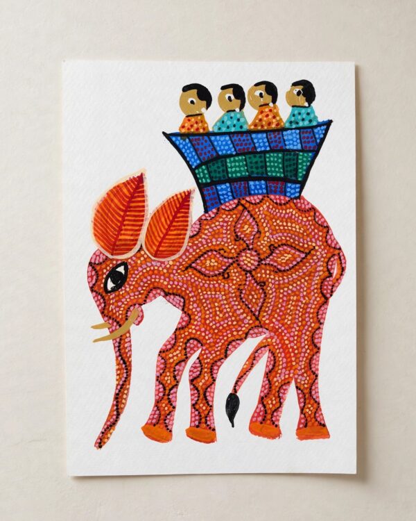 Bhil Art #26 - Elephant Ride Orange - 6*8 inches - Hand Painted In Paper - Unframed