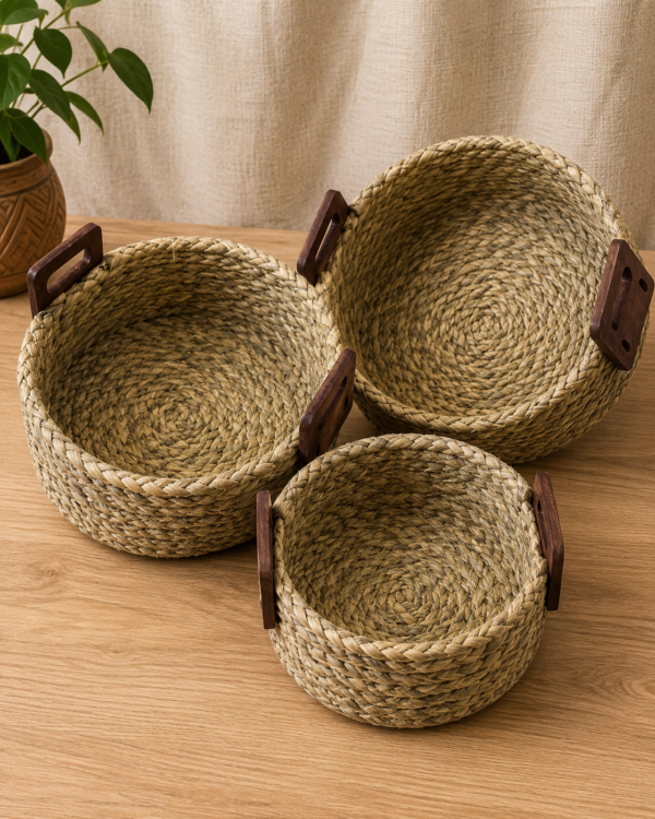 Natural - Sabai Grass Round Basket Fruit Trays - set of 3 (12", 10", 8" Diameter)