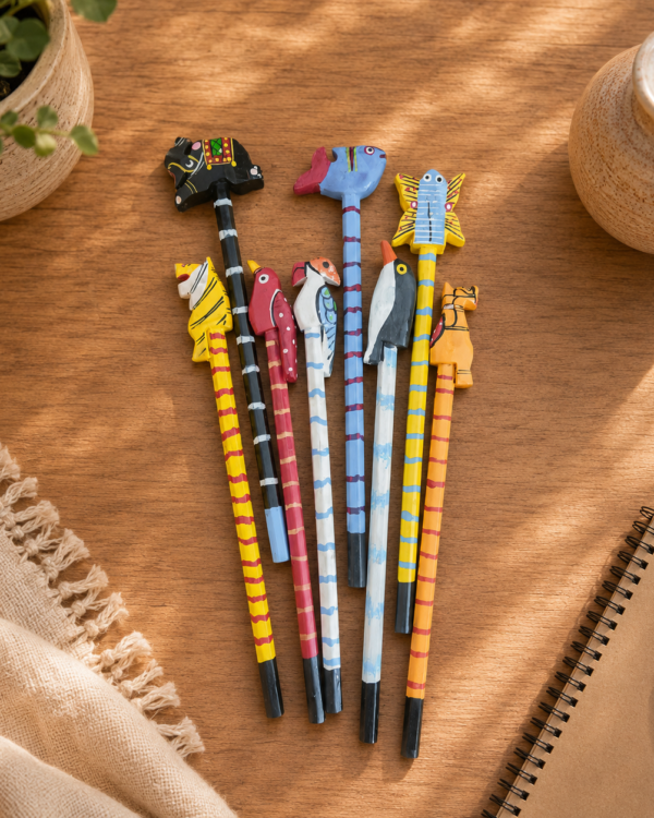 Handcrafted Wooden Animal Bird Pencil Set | Traditional Indian Hand-Painted Wooden Pencils
