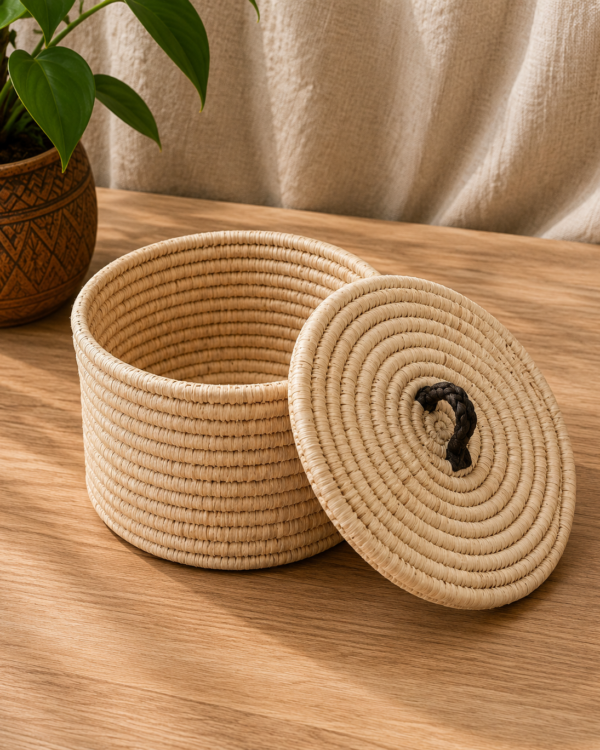 Multipurpose Round Box with lid- Sabai Art Handwoven Basket - (7" diameter * 4" height) - 1 Piece