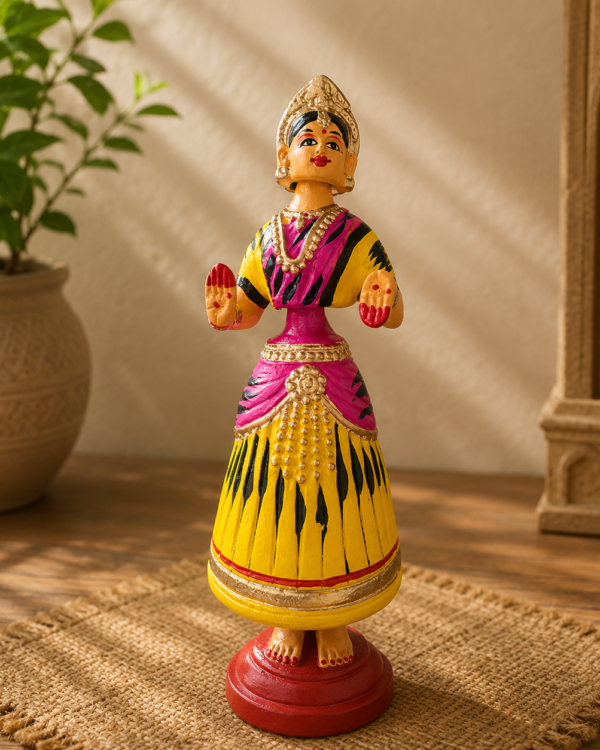 Bharatanatyam Tanjore Dancing Doll - Pink Top & Yellow Bottom (Paper Mache)