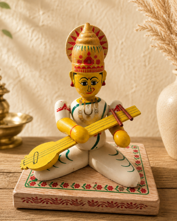 Chinnapatna Sitting Maa Saraswati Ji Idol - White Wooden Figurine (5 Inch)