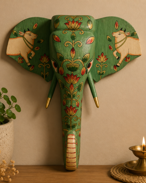 Handpainted Green Wooden Cow Pichwai in Elephant Face - Wall Art (15 inch)