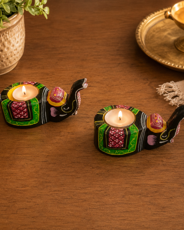 Handcrafted Wooden Elephant Tealight Candle Holder Set | Traditional Indian Hand-Painted Elephant Candle Stand