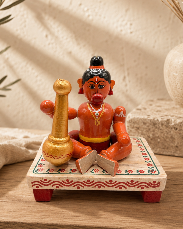Chinnapatna Sitting Hanuman Ji Idol - Small Orange Wooden Figurine (5 Inch)