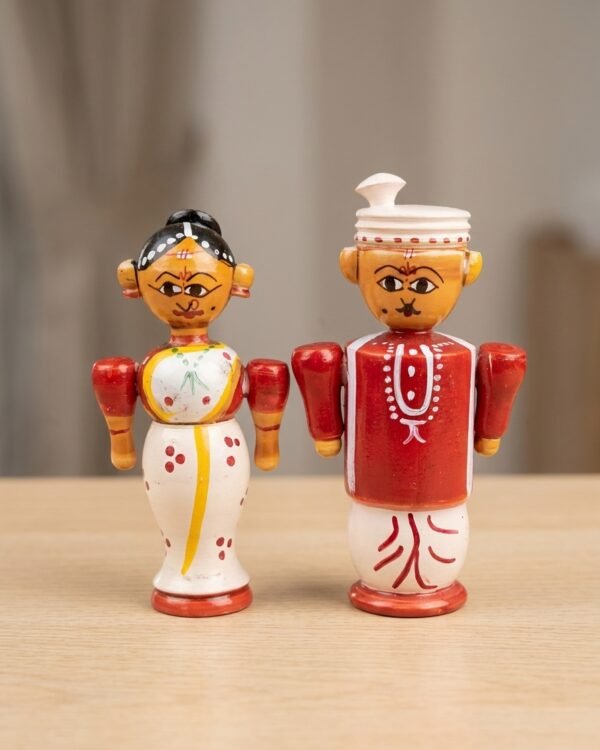 Handcrafted Wooden Traditional Couple Doll Set | Indian Folk Art Bride & Groom - 4 inch height